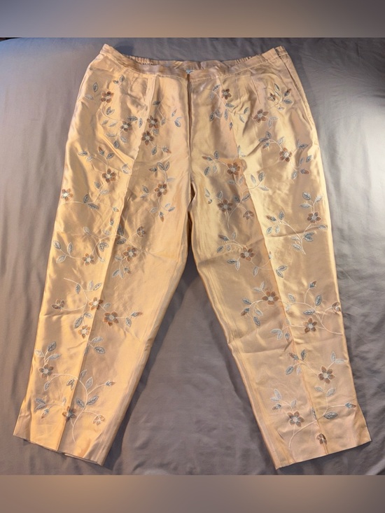 Talbots Pants - Talbots Silk Embroidered Trouser Pants Sz 22W Champagne Gold Blue Flowers Spring